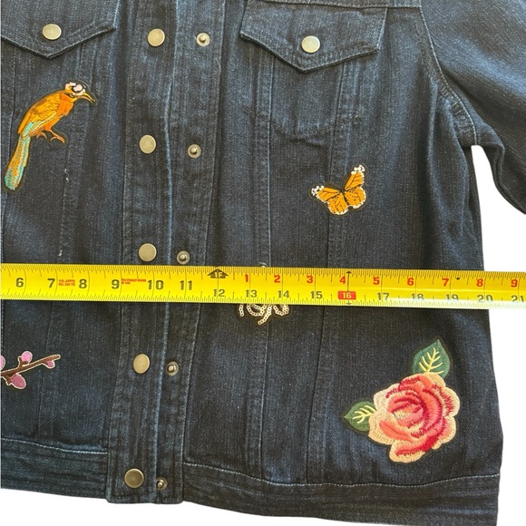 NY Collection Denim Jacket Sz L Blue Dark Wash 100% Cotton Embroidered Patchwork - Picture 7 of 16